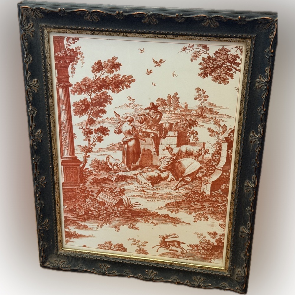 Framed Red & White Toile Print